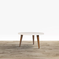 24 Inch Modern Coffee Table, Round Off White MDF Top, Tapered Brown Mango Wood Legs - UPT-225282