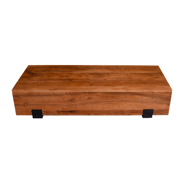 45 Inch Vesavi Handcrafted Rectangular Acacia Wood Coffee Table, Industrial Metal Sled Base, Brown and Black - UPT-231469