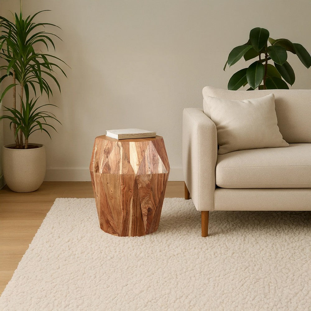 Bon 22 Inch Artisanal End Side Table, Multifaceted Solid Acacia Wood, Octagon Top, Natural Brown - UPT-238449