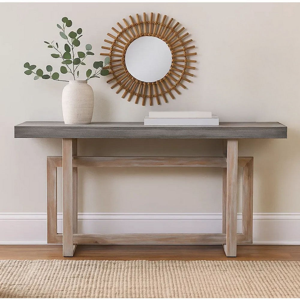 59 Inch Artisan Sideboard Console Table with Geometric Interlocked Base, Distressed Matte Gray - UPT-262415