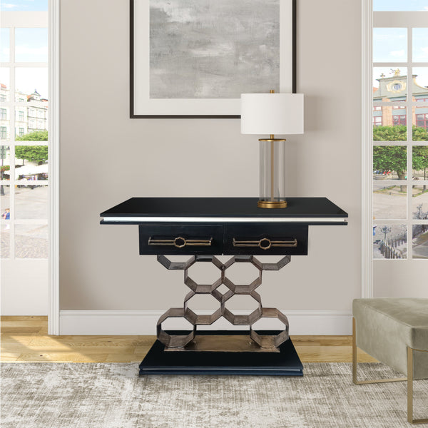 40 Inch Console Table, 2 Drawers, Modern Retro Aluminum Honeycomb Base, Black, Antique Brass - UPT-266403