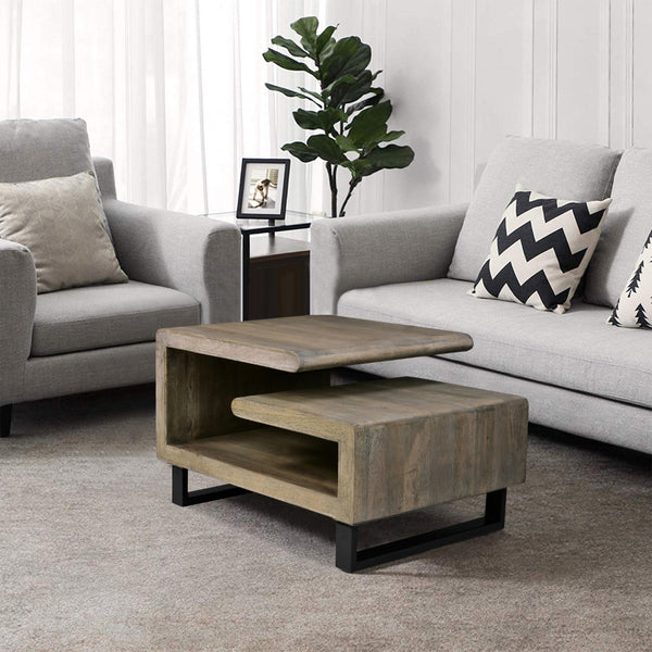 30 Inch Handcrafted Geometric G Coffee Table, Weathered Gray Mango Wood Frame, Black Powder Coated Base - UPT-270551