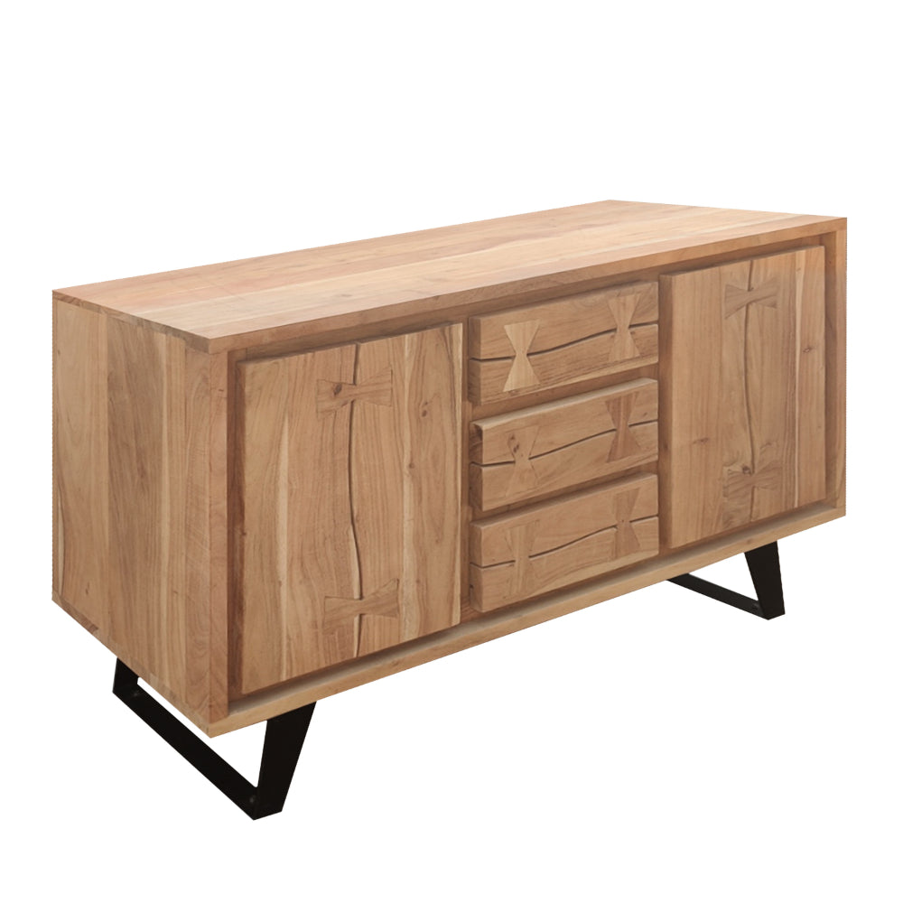40 Inch Sideboard Buffet Console with 2 Cabinets, Brown Acacia Wood, 3 Drawers, Black Iron Base -UPT-272531