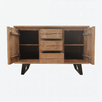 40 Inch Sideboard Buffet Console with 2 Cabinets, Brown Acacia Wood, 3 Drawers, Black Iron Base -UPT-272531