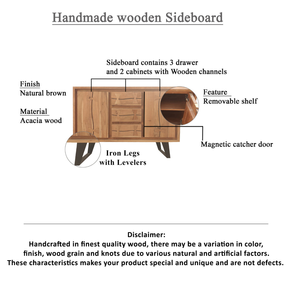 40 Inch Sideboard Buffet Console with 2 Cabinets, Brown Acacia Wood, 3 Drawers, Black Iron Base -UPT-272531