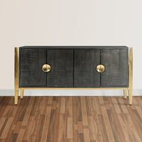 Tali 48 Inch Accent Sideboard Buffet Cabinet, 2 Doors with Gold Round Handles, Saw Marked, Charcoal Gray Acacia Wood - UPT-272889