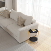 Tali 16 Inch Handcrafted Round Side End Table, 2 Tier, Charcoal Gray Acacia Wood, Sleek Gold Metal Legs - UPT-272891