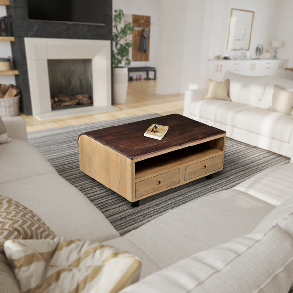 36 Inch Modern Mango Wood Coffee Table, Drip Design Walnut Brown Surface, Oak White Frame - UPT-272892