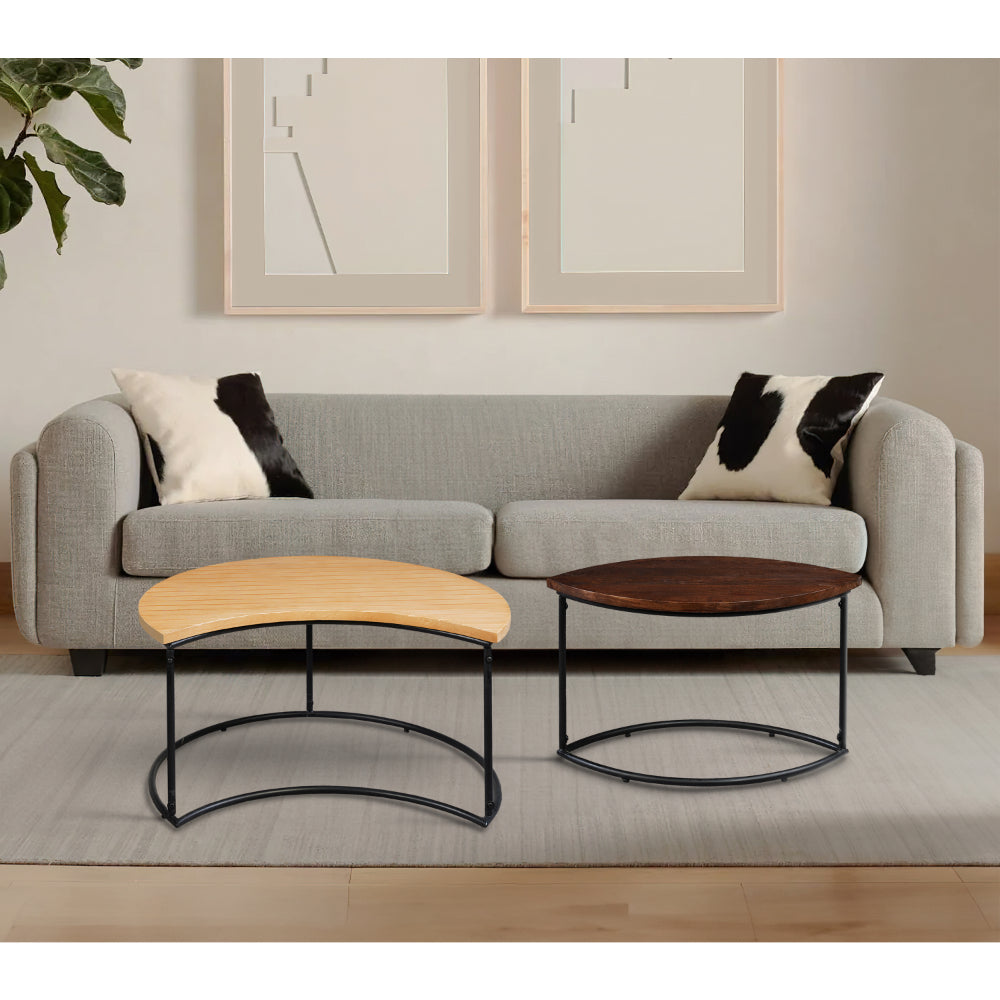 35 Inch 2 Piece Coffee Table with Black Iron Frame, 2 Tone Mango Wood Top In Natural Brown and Walnut -UPT-272894