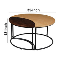 35 Inch 2 Piece Coffee Table with Black Iron Frame, 2 Tone Mango Wood Top In Natural Brown and Walnut -UPT-272894