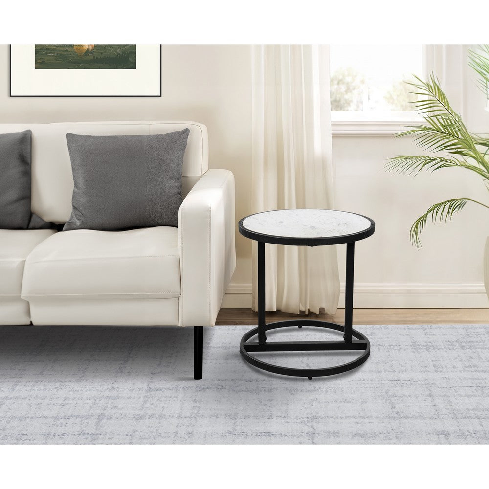Beri 18 Inch Side End Table, Round White Natural Marble Top, Classic Slim Black Iron Frame- UPT-273465