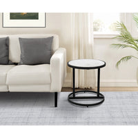 Beri 18 Inch Side End Table, Round White Natural Marble Top, Classic Slim Black Iron Frame- UPT-273465