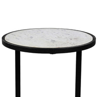 Beri 18 Inch Side End Table, Round White Natural Marble Top, Classic Slim Black Iron Frame- UPT-273465
