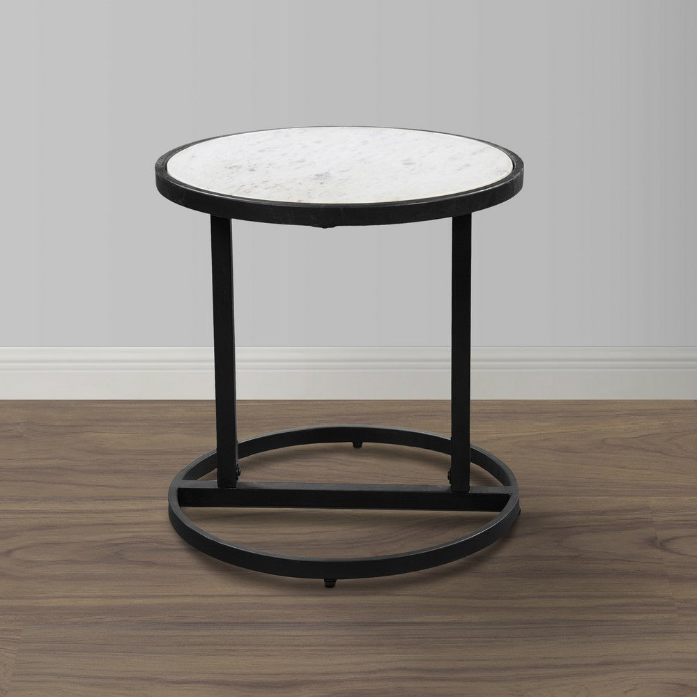 Beri 18 Inch Side End Table, Round White Natural Marble Top, Classic Slim Black Iron Frame- UPT-273465