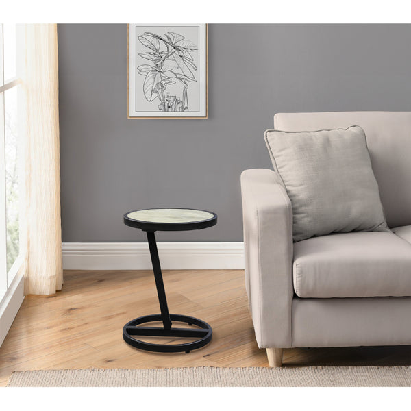 Beri 17 Inch Side End Table, Round White Natural Marble Top, Classic Black Angled Iron Frame-UPT-273466