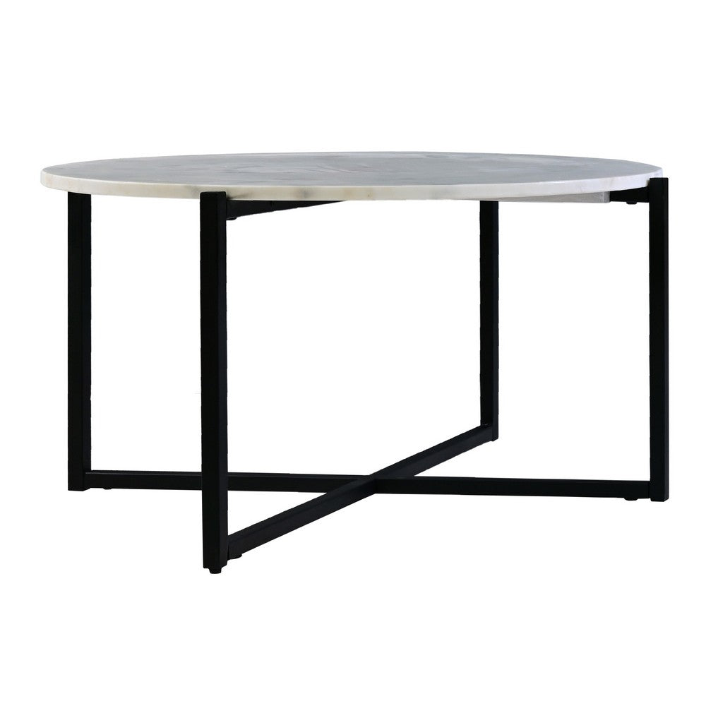 Ivy 30 Inch Marble Top Round Coffee Table with Metal Frame, White and Black - UPT-273474