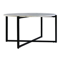 Ivy 30 Inch Marble Top Round Coffee Table with Metal Frame, White and Black - UPT-273474