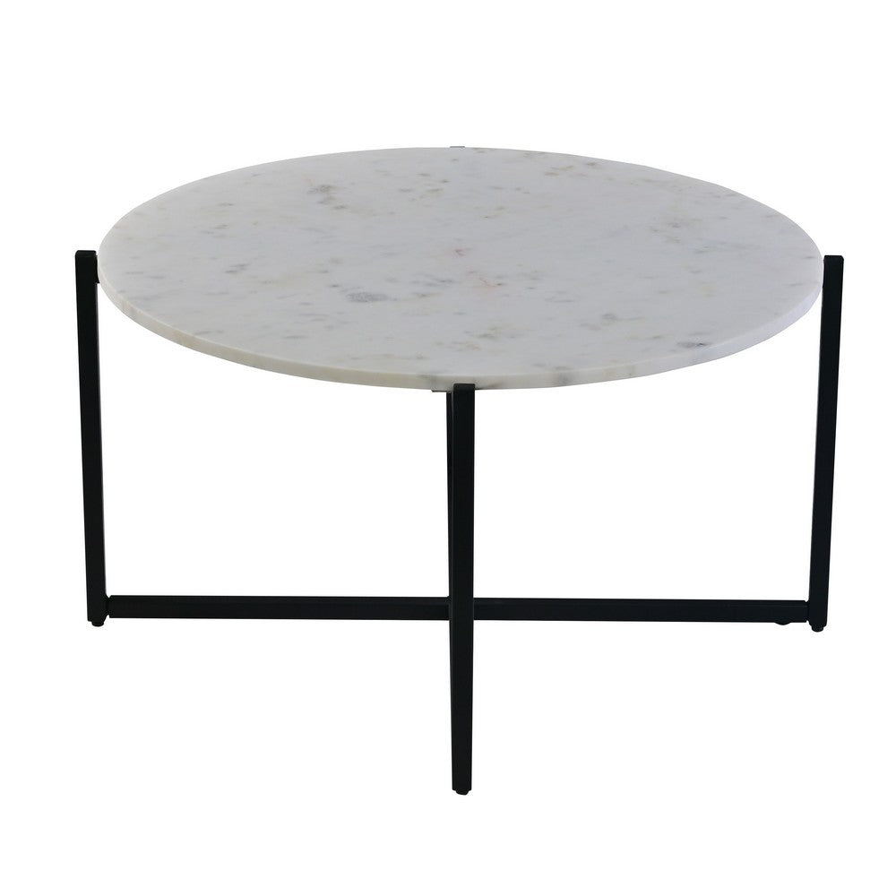 Ivy 30 Inch Marble Top Round Coffee Table with Metal Frame, White and Black - UPT-273474
