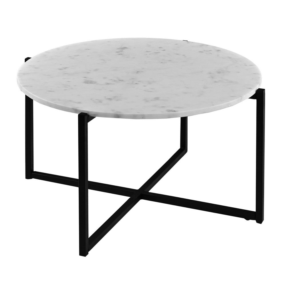 Ivy 30 Inch Marble Top Round Coffee Table with Metal Frame, White and Black - UPT-273474