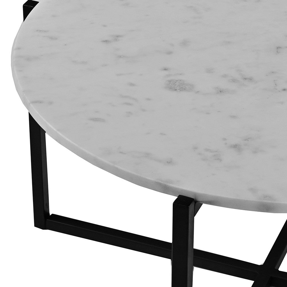 Ivy 30 Inch Marble Top Round Coffee Table with Metal Frame, White and Black - UPT-273474