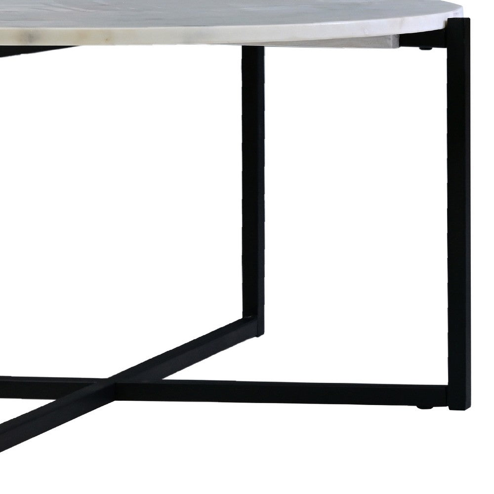 Ivy 30 Inch Marble Top Round Coffee Table with Metal Frame, White and Black - UPT-273474
