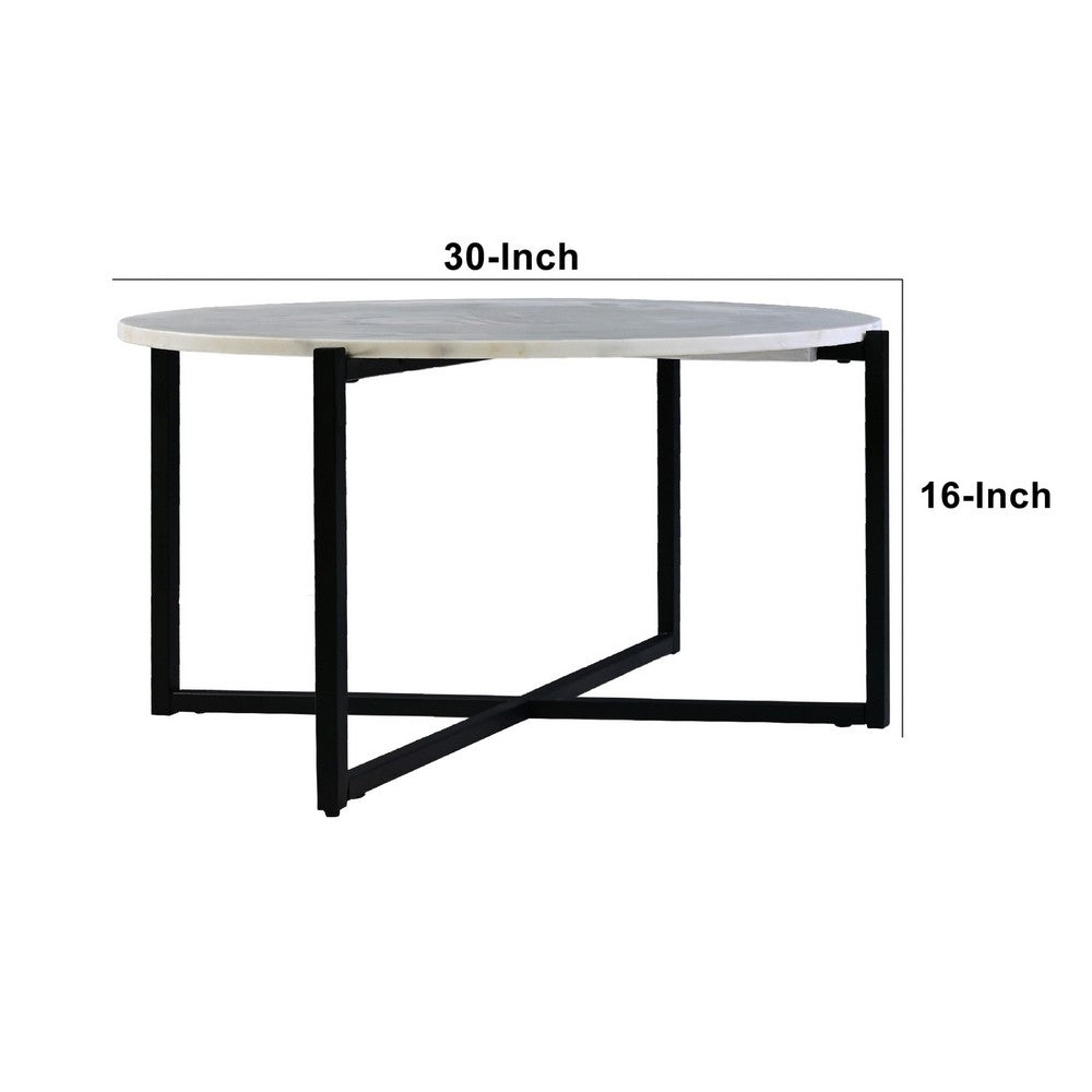 Ivy 30 Inch Marble Top Round Coffee Table with Metal Frame, White and Black - UPT-273474