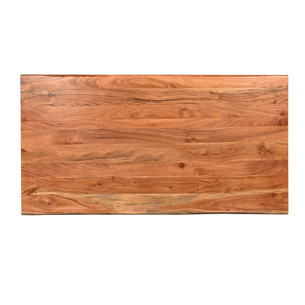 67 Inch Rectangular Dining Table with Crossed Black Metal Legs and Natural Brown Faux Live Edge Acacia Wood Top - UPT-273760