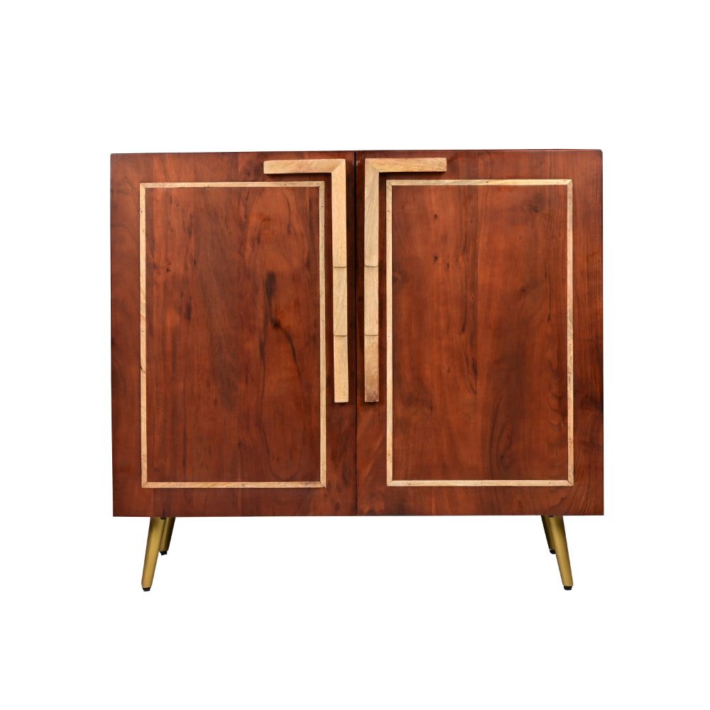 36 Inch Modern 2 Door Wooden Sideboard Buffet Cabinet with Metal Handles, Splayed Legs, Gold, Oak Brown - UPT-274767
