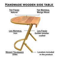 17 Inch Side End C Table, Natural Mango Wood Top with Drop Edge, Iron Gold Angled Frame - UPT-276369
