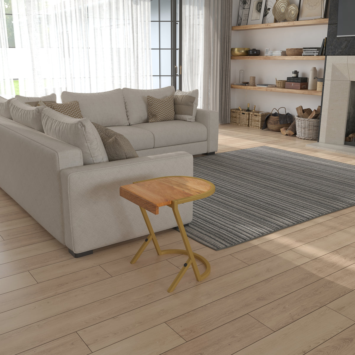 17 Inch Side End C Table, Natural Mango Wood Top with Drop Edge, Iron Gold Angled Frame - UPT-276369