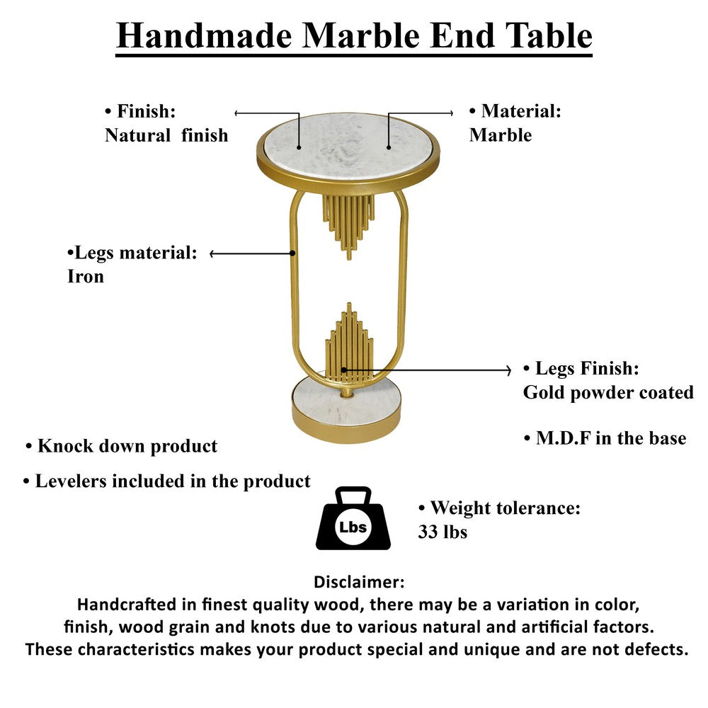 Soho Side End Table with Round Marble Top, Gold Oblong Frame, 21-Inch Height The Urban Port