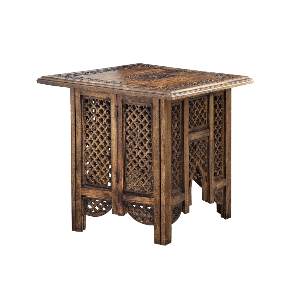 21 Inch Boho Side End Table, Floral Carved Details, Foldable Panel Legs, Natural Walnut Brown - UPT-277206