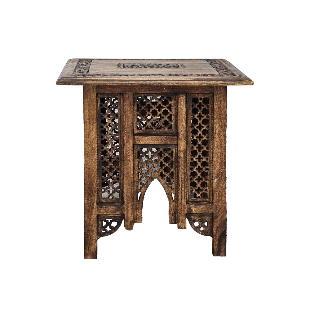 21 Inch Boho Side End Table, Floral Carved Details, Foldable Panel Legs, Natural Walnut Brown - UPT-277206