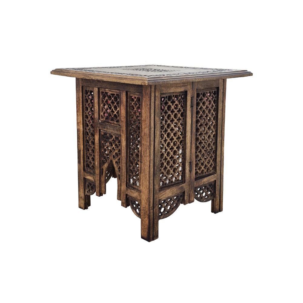 21 Inch Boho Side End Table, Floral Carved Details, Foldable Panel Legs, Natural Walnut Brown - UPT-277206