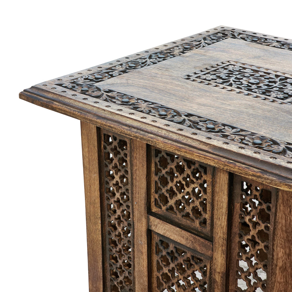 21 Inch Boho Side End Table, Floral Carved Details, Foldable Panel Legs, Natural Walnut Brown - UPT-277206