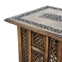 21 Inch Boho Side End Table, Floral Carved Details, Foldable Panel Legs, Natural Walnut Brown - UPT-277206