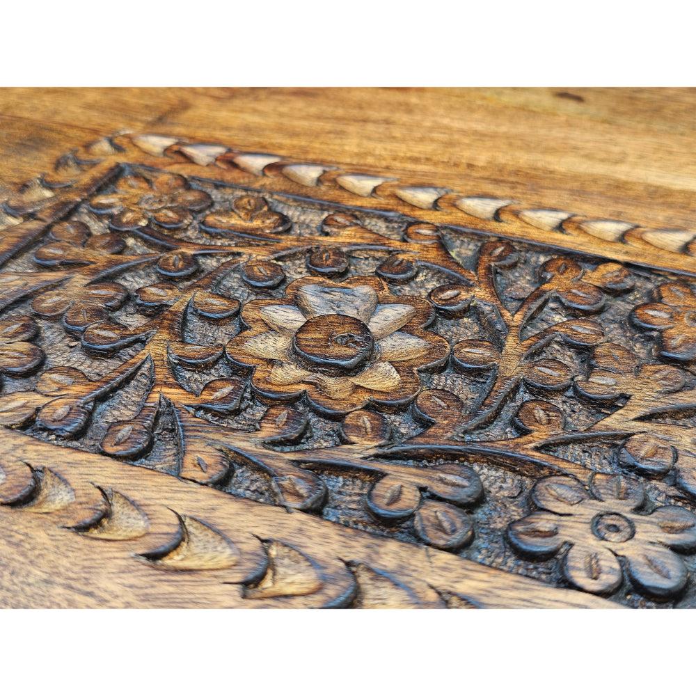 21 Inch Boho Side End Table, Floral Carved Details, Foldable Panel Legs, Natural Walnut Brown - UPT-277206