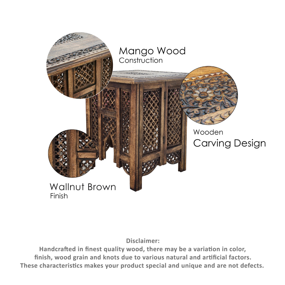 21 Inch Boho Side End Table, Floral Carved Details, Foldable Panel Legs, Natural Walnut Brown - UPT-277206