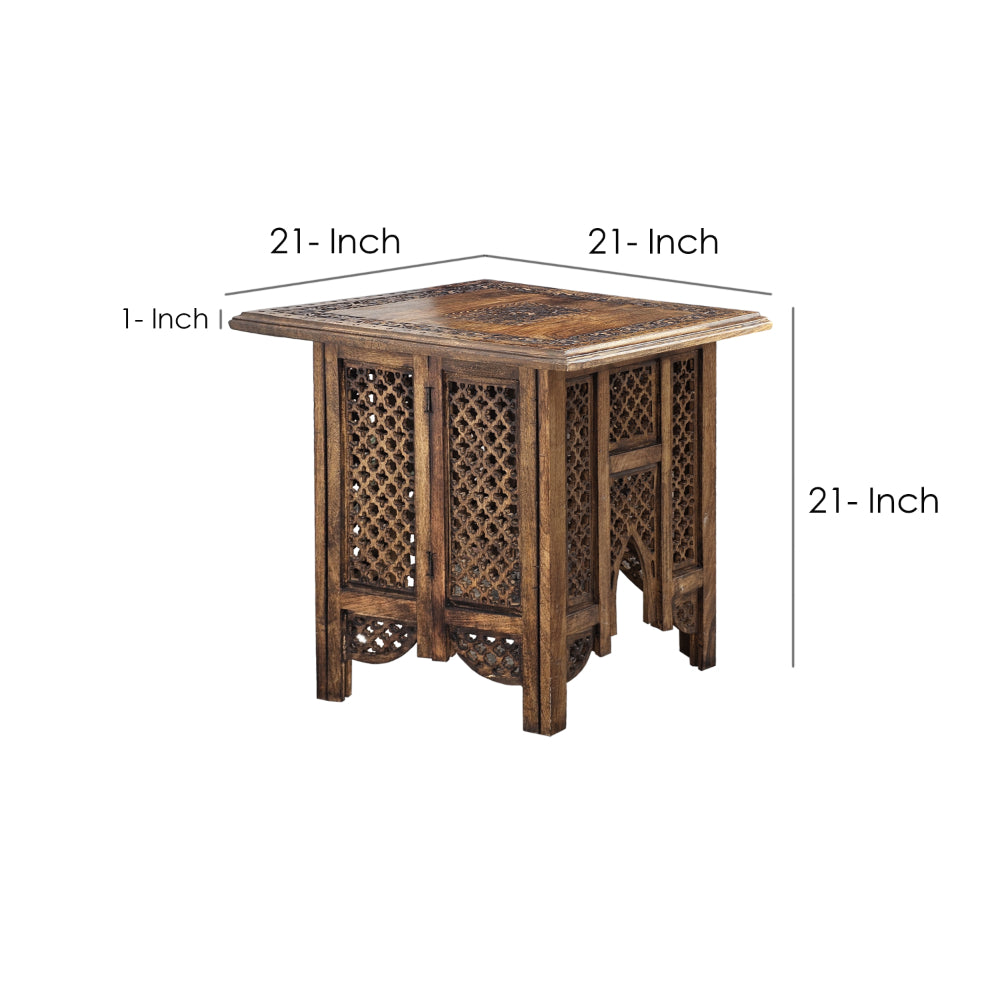 21 Inch Boho Side End Table, Floral Carved Details, Foldable Panel Legs, Natural Walnut Brown - UPT-277206