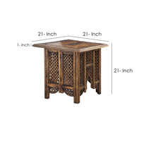 21 Inch Boho Side End Table, Floral Carved Details, Foldable Panel Legs, Natural Walnut Brown - UPT-277206