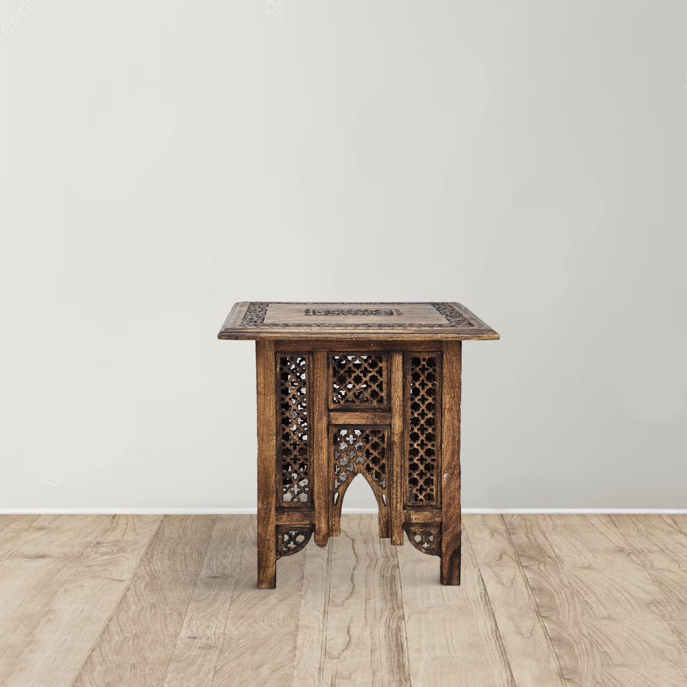 21 Inch Boho Side End Table, Floral Carved Details, Foldable Panel Legs, Natural Walnut Brown - UPT-277206