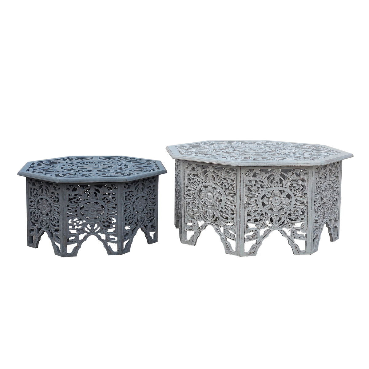 Nesting Coffee Tables, Set of 2, Handcrafted Carved Cut Out Floral Motifs, Antique White and Gray - UPT-277207