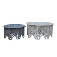 Nesting Coffee Tables, Set of 2, Handcrafted Carved Cut Out Floral Motifs, Antique White and Gray - UPT-277207