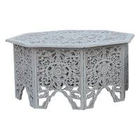 Nesting Coffee Tables, Set of 2, Handcrafted Carved Cut Out Floral Motifs, Antique White and Gray - UPT-277207