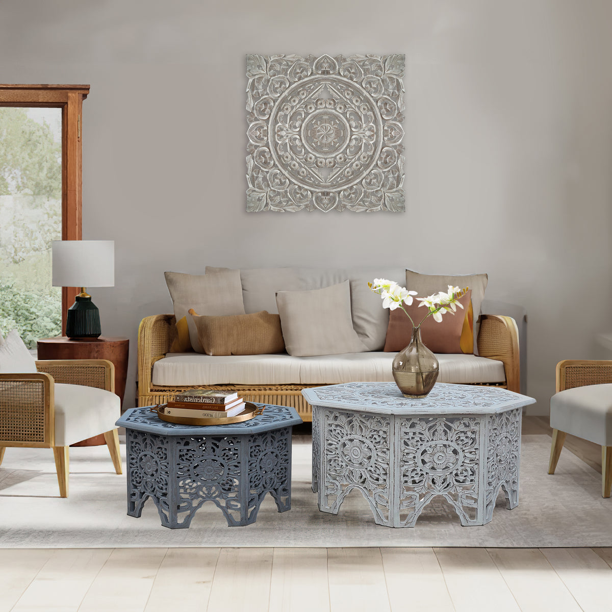 Nesting Coffee Tables, Set of 2, Handcrafted Carved Cut Out Floral Motifs, Antique White and Gray - UPT-277207
