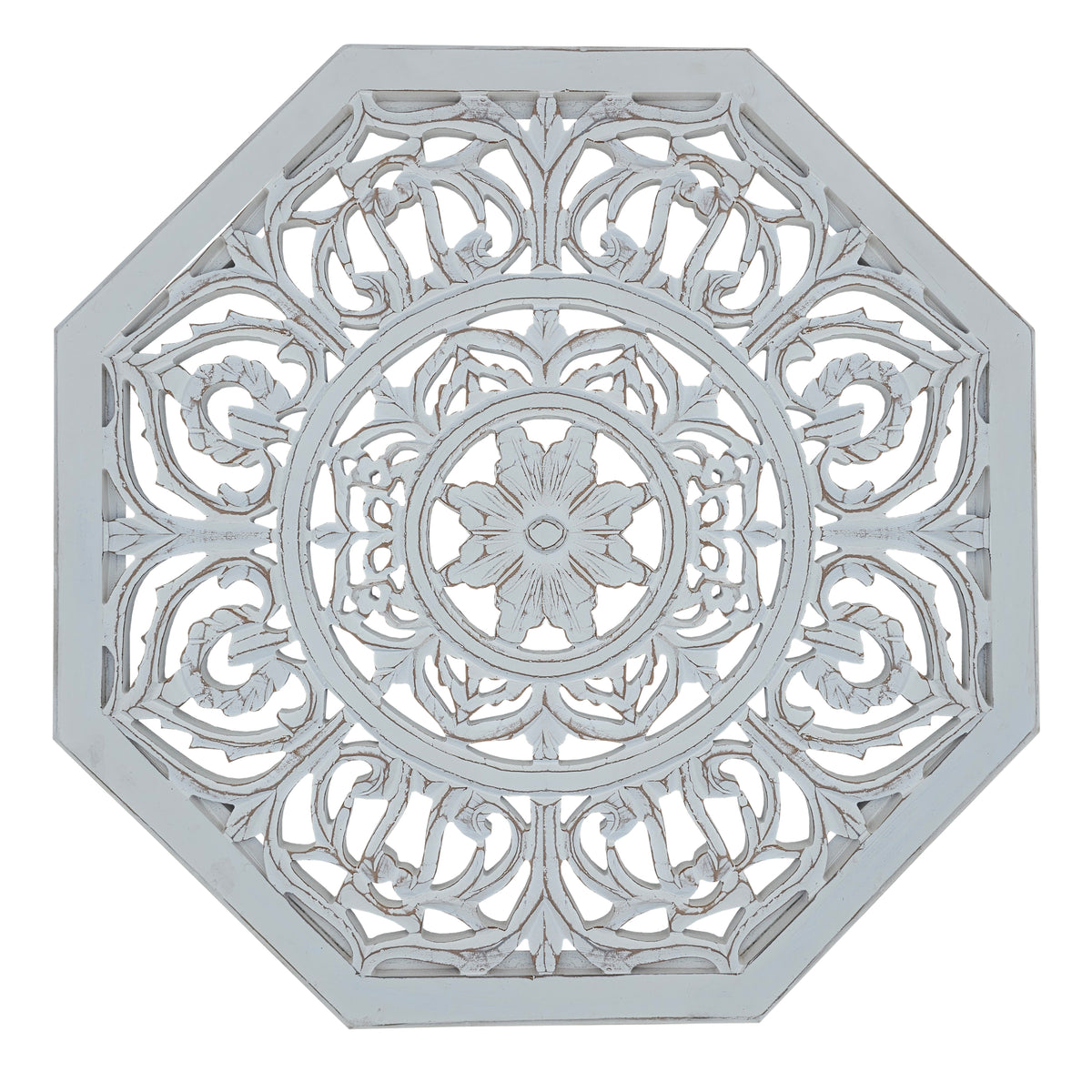 Nesting Coffee Tables, Set of 2, Handcrafted Carved Cut Out Floral Motifs, Antique White and Gray - UPT-277207