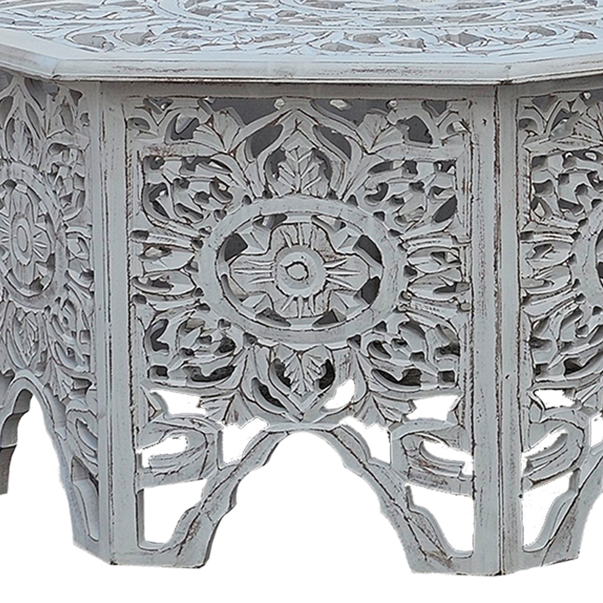 Nesting Coffee Tables, Set of 2, Handcrafted Carved Cut Out Floral Motifs, Antique White and Gray - UPT-277207