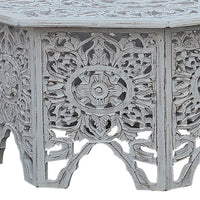 Nesting Coffee Tables, Set of 2, Handcrafted Carved Cut Out Floral Motifs, Antique White and Gray - UPT-277207