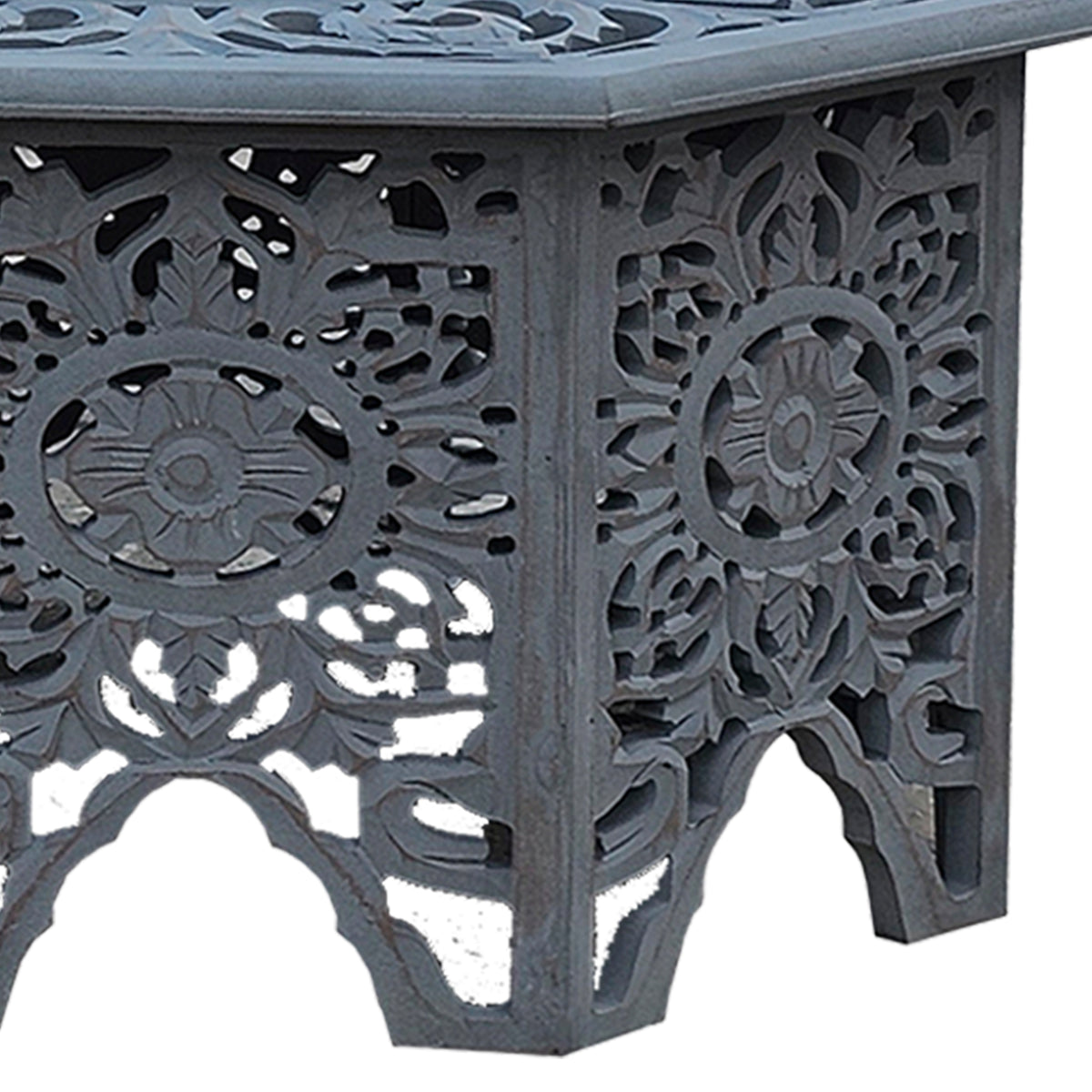 Nesting Coffee Tables, Set of 2, Handcrafted Carved Cut Out Floral Motifs, Antique White and Gray - UPT-277207