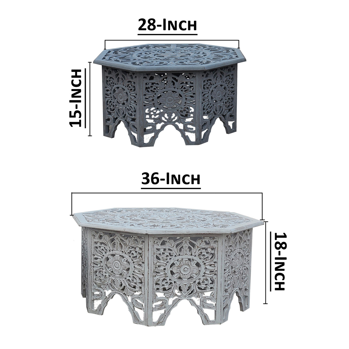 Nesting Coffee Tables, Set of 2, Handcrafted Carved Cut Out Floral Motifs, Antique White and Gray - UPT-277207